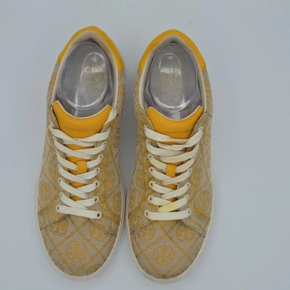 Tory Burch T Monogram Howell Sneaker Goldfinch Jacquard Calf Leather SZ 9